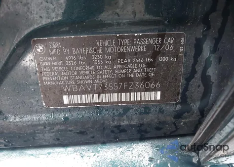 2007 BMW 328Xi из США, поврежденный, VIN WBAVT73557FZ36066